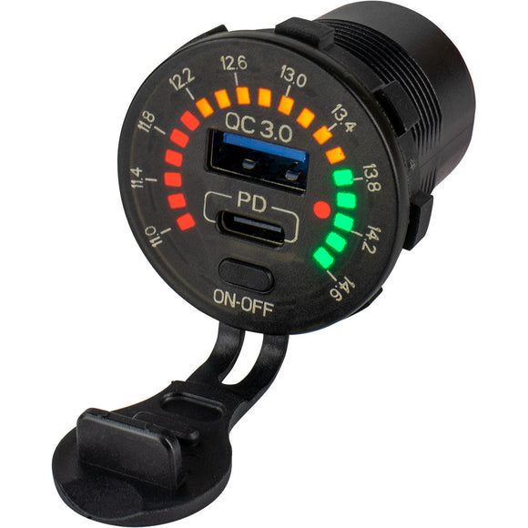 Sea-Dog Round Rainbow Voltmeter w/USB & USB-C Power Socket