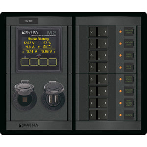Blue Sea 1497 - 360 Panel - 8 Position 12V Flat Rocker M2 Multimeter w/SOC &amp; Dual USB/12V Socket